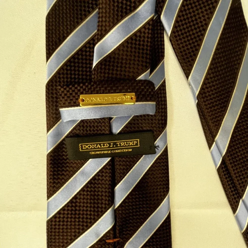 Donald J. Trump Signature Collection Gold Bar Silk Tie Brown with Blue Stripes